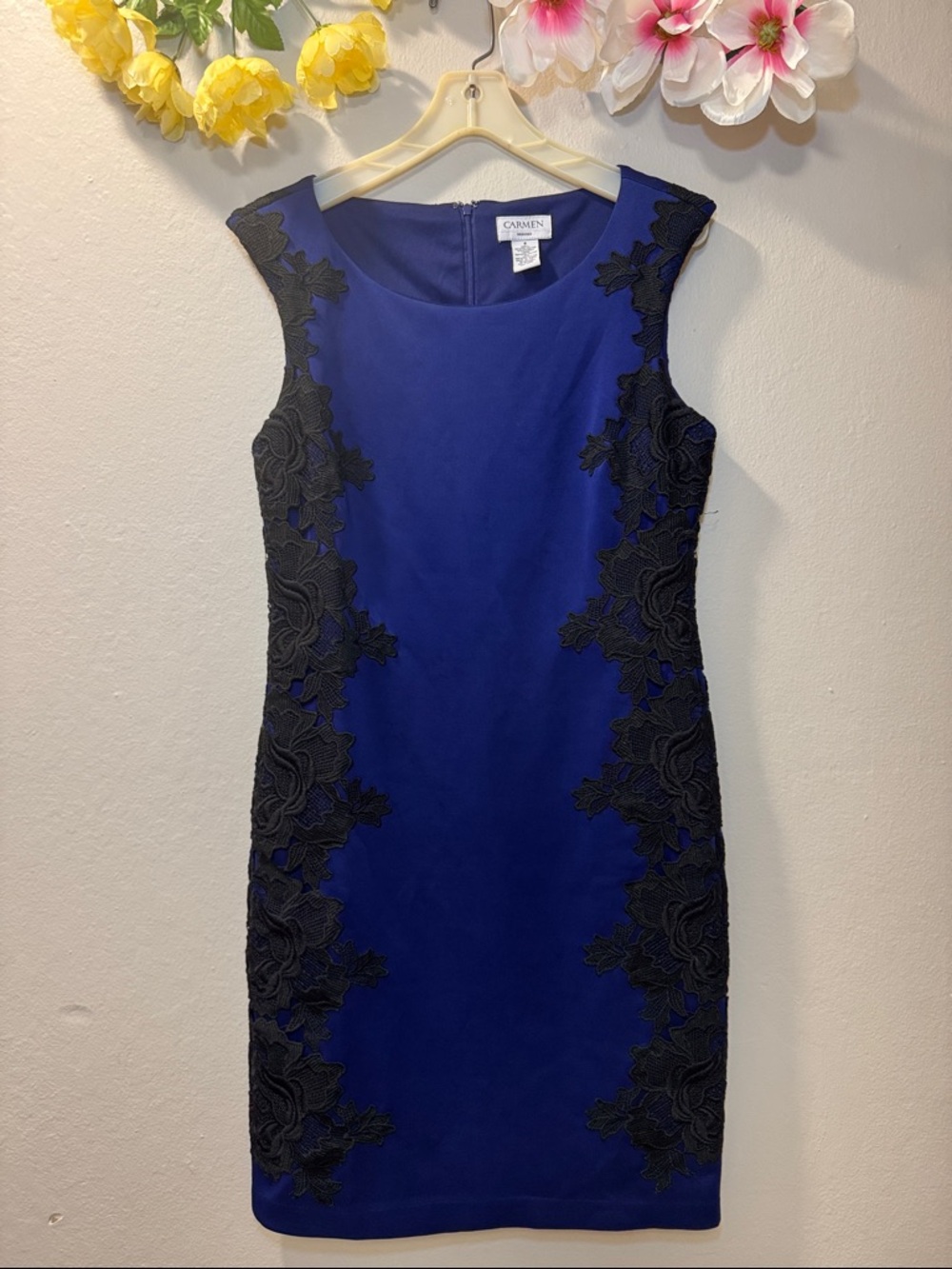 Carmen Marc Valvo Blue Sheath Dress with Black Lace Insets